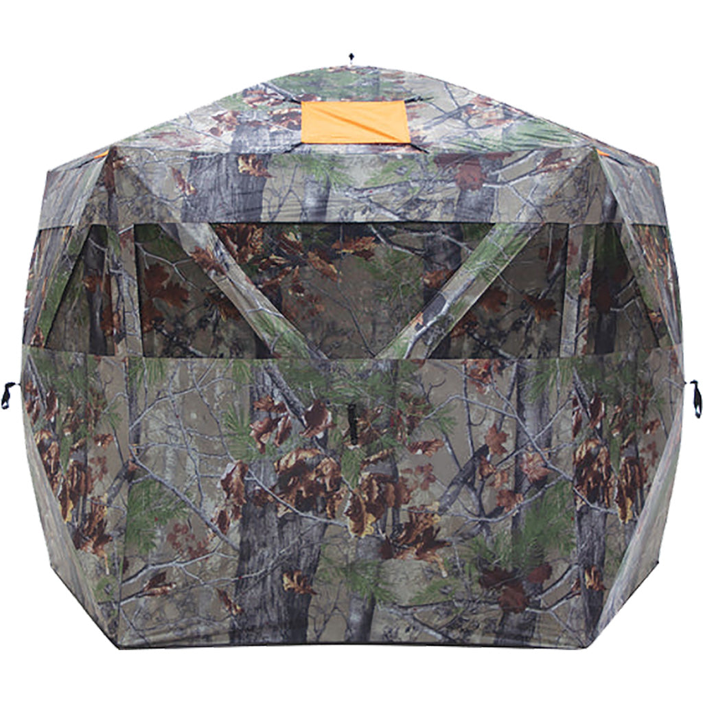 Barronett Feather Five Hunting Blind in Backwoods Camo pattern showing zipperless windows