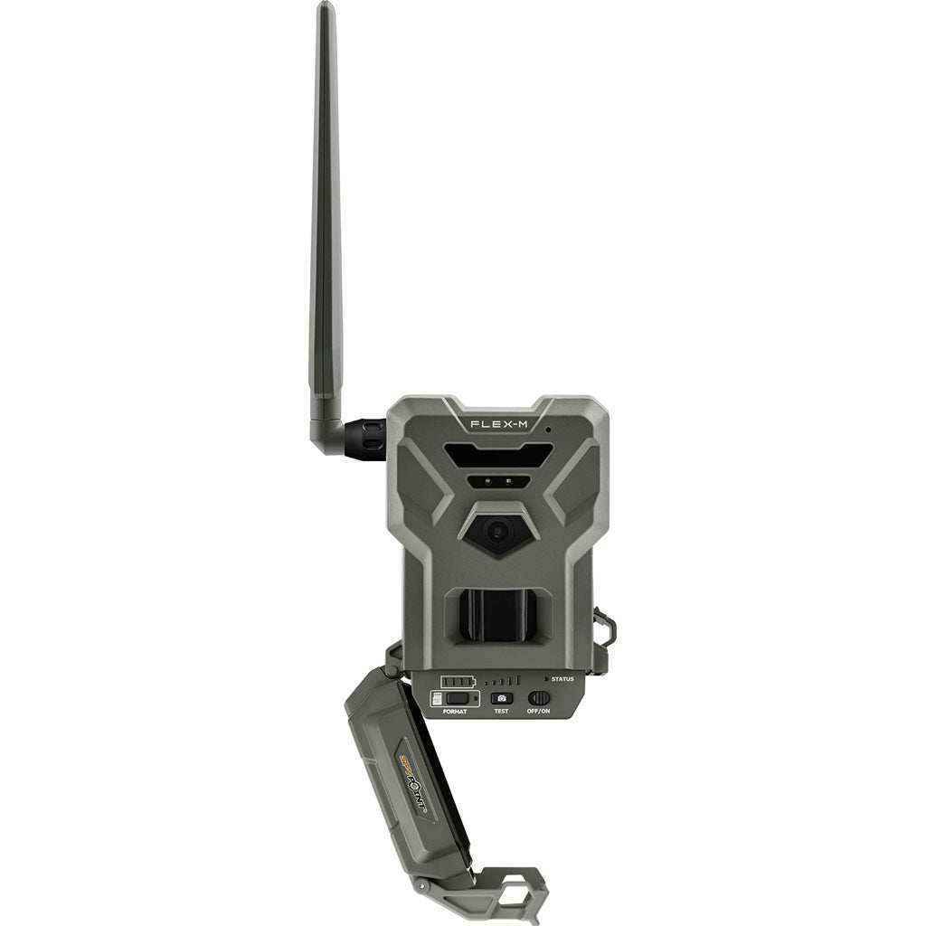 "Spypoint Flex-M Cellular Camera showing LED flash and lens for high-quality night wildlife photography"