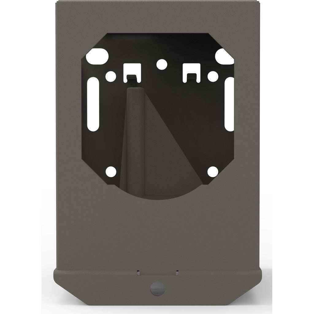 "Tactacam Security Box mounted on tree showing lock mechanism and weatherproof design"