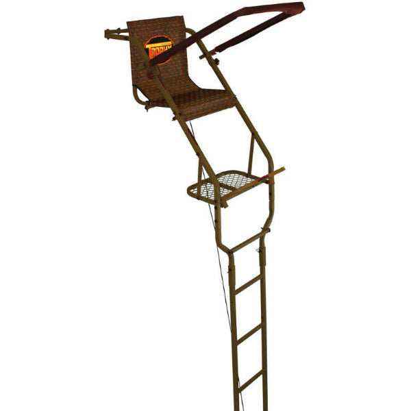 Trophy Treestands Hornet ladder stand setup showing 18ft height and steel construction