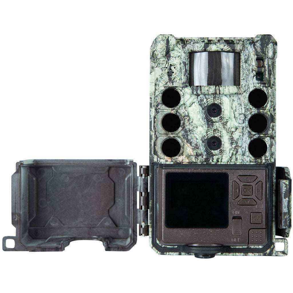 Bushnell Core DS-4K trail camera open showing LCD display controls and battery compartment