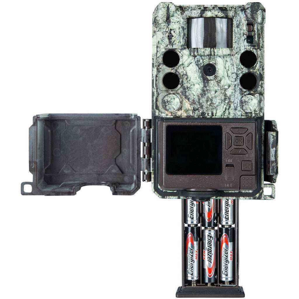 Bushnell Core S-4K game camera open showing LCD display controls and battery compartment