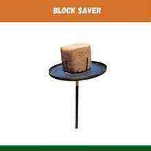 "Block $aver mounted on T-post with protein block securely positioned for effective wildlife feeding