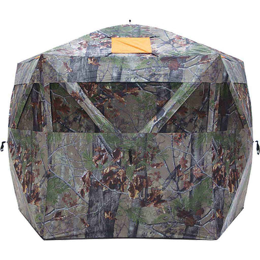 Barronett Feather Five Hunting Blind in Backwoods Camo pattern showing zipperless windows