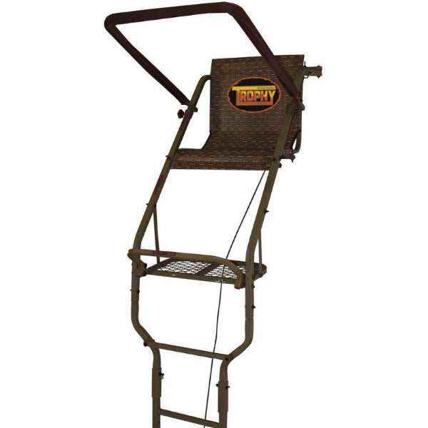  Close-up view of Trophy Treestands ladder stand platform and safety features