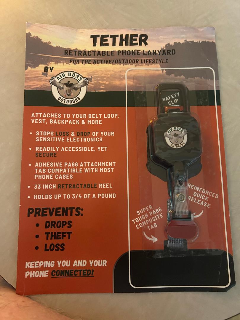 Air Boss Outdoors Tether retractable phone lanyard for hunters — attaches to belt loop, vest, and backpack