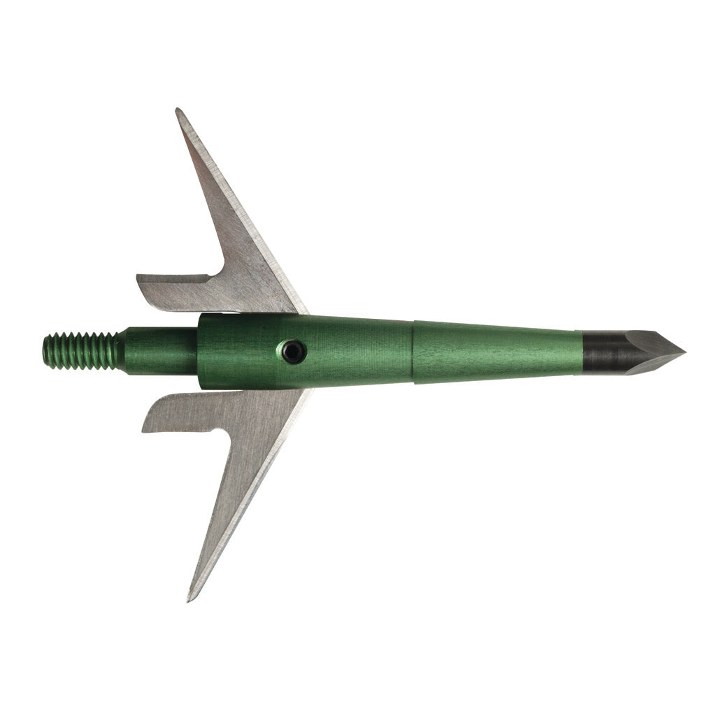 Swhacker 2 Blade Expandable Broadhead 100gr with green anodized ferrule and stainless steel blades