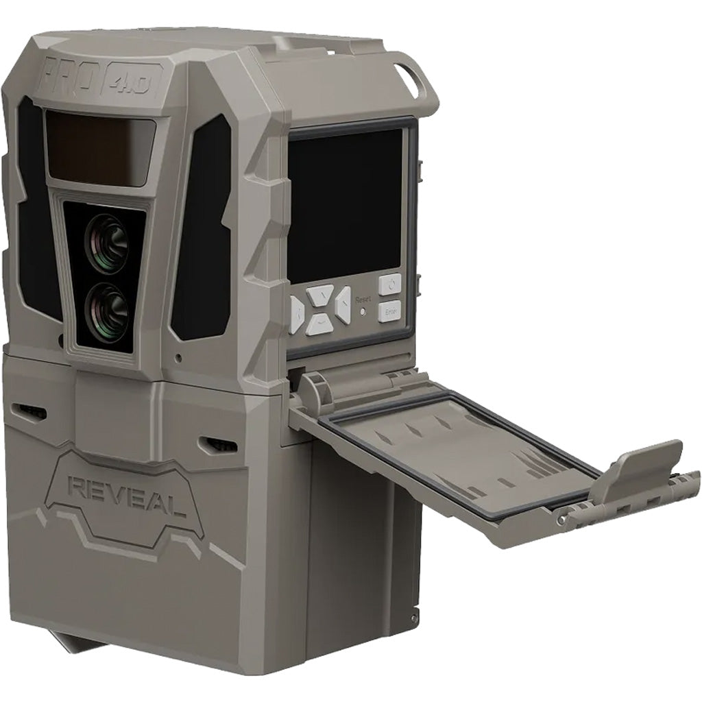 Tactacam Reveal XPro 4.0 Cellular Trail Camera open display screen and battery compartment