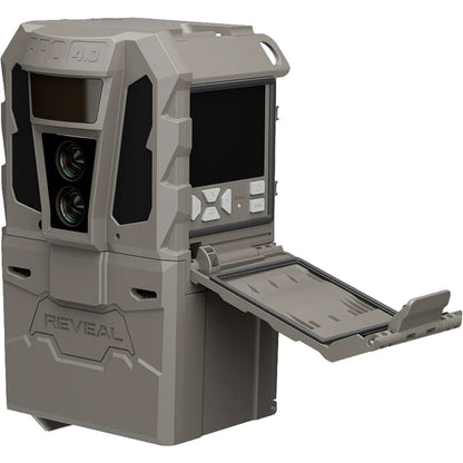 Tactacam Reveal XPro 4.0 Cellular Trail Camera open display screen and battery compartment